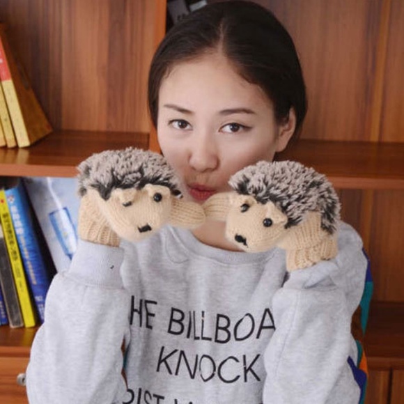 Women Cute Hedgehog Cotton Plush Mittens - Picture 4 of 5